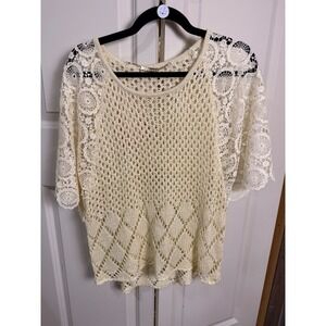 LA Coalition Cream Open Knit Crochet Lace Sleeve Sweater Top Large NWT